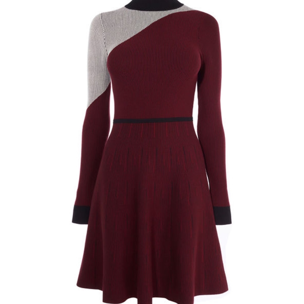 Karen Millen Maroon Ribbed Knit Skater Dress